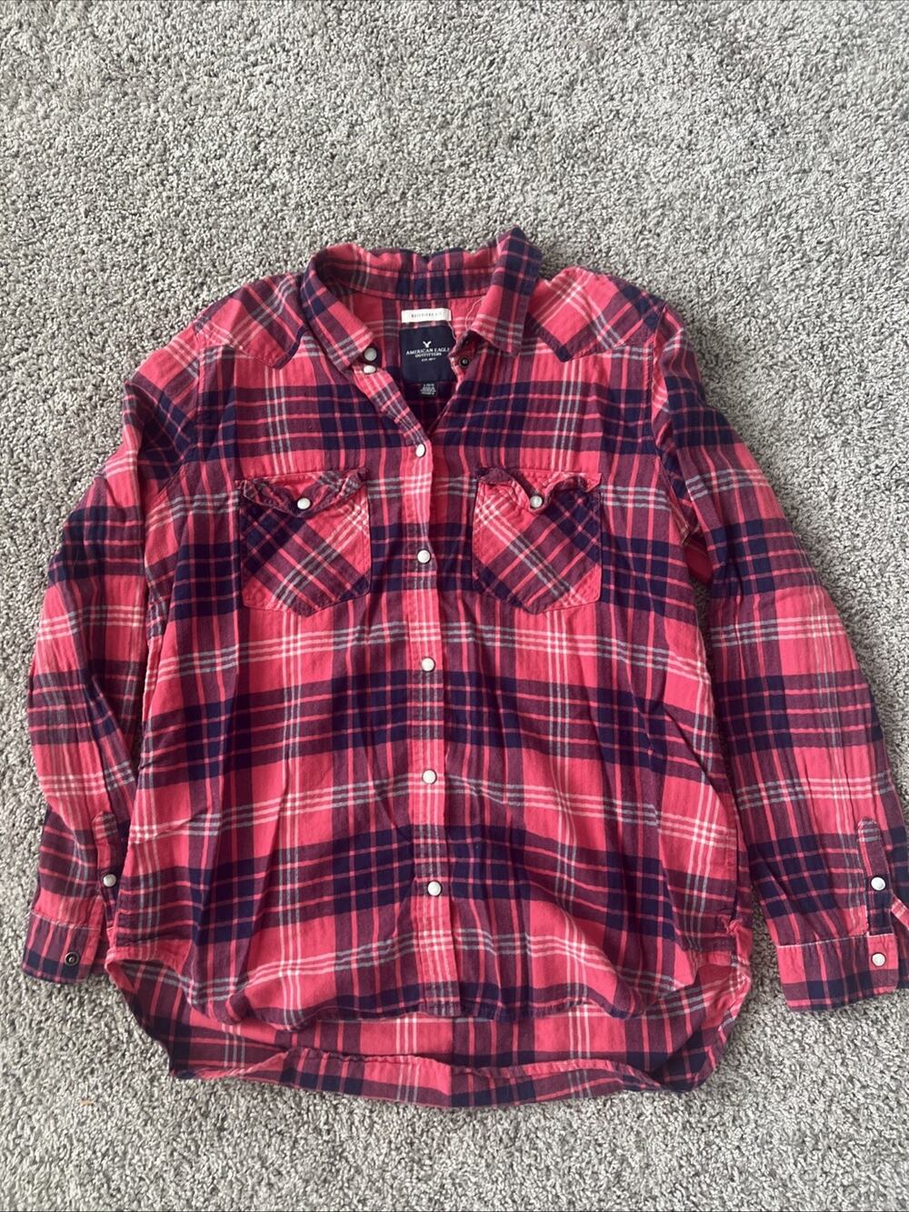 American Eagle Boyfriend Fit Button-Down Plaid Women’s Shirt Size Large